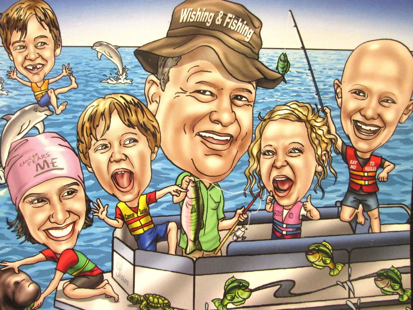 Illustrated caricature of Pastor Tommy in a Wishing and Fishing hat with smiling children on a pontoon boat, holding a fish and a fishing rod